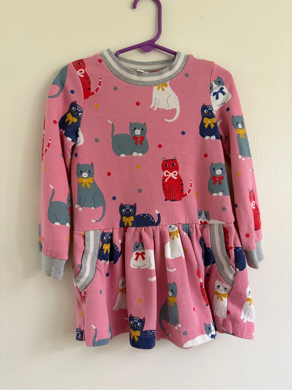 Mini Boden Pink Dress with Multicolor Cat Motif and Gray Trim